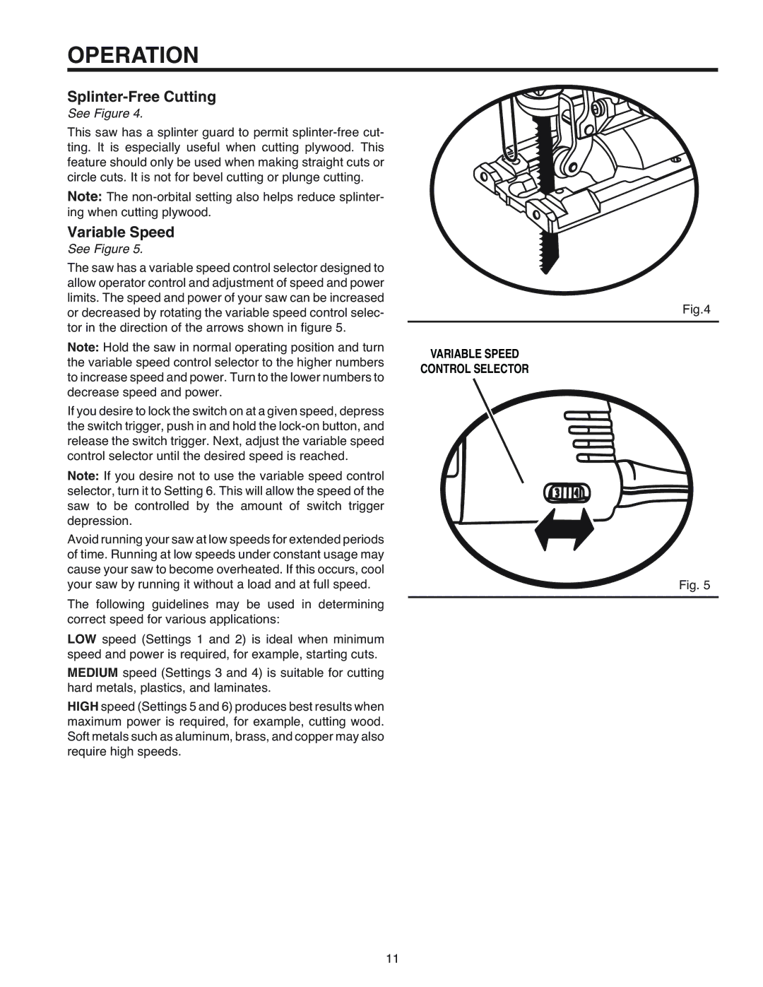 RIDGID R3120 manual Splinter-Free Cutting, Variable Speed Control Selector 