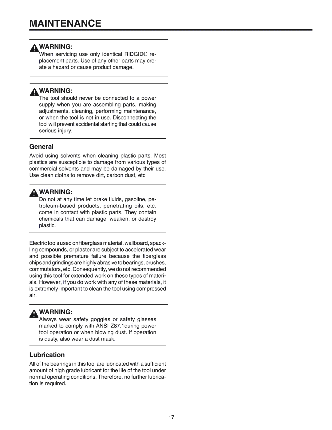 RIDGID R3120 manual Maintenance, General, Lubrication 