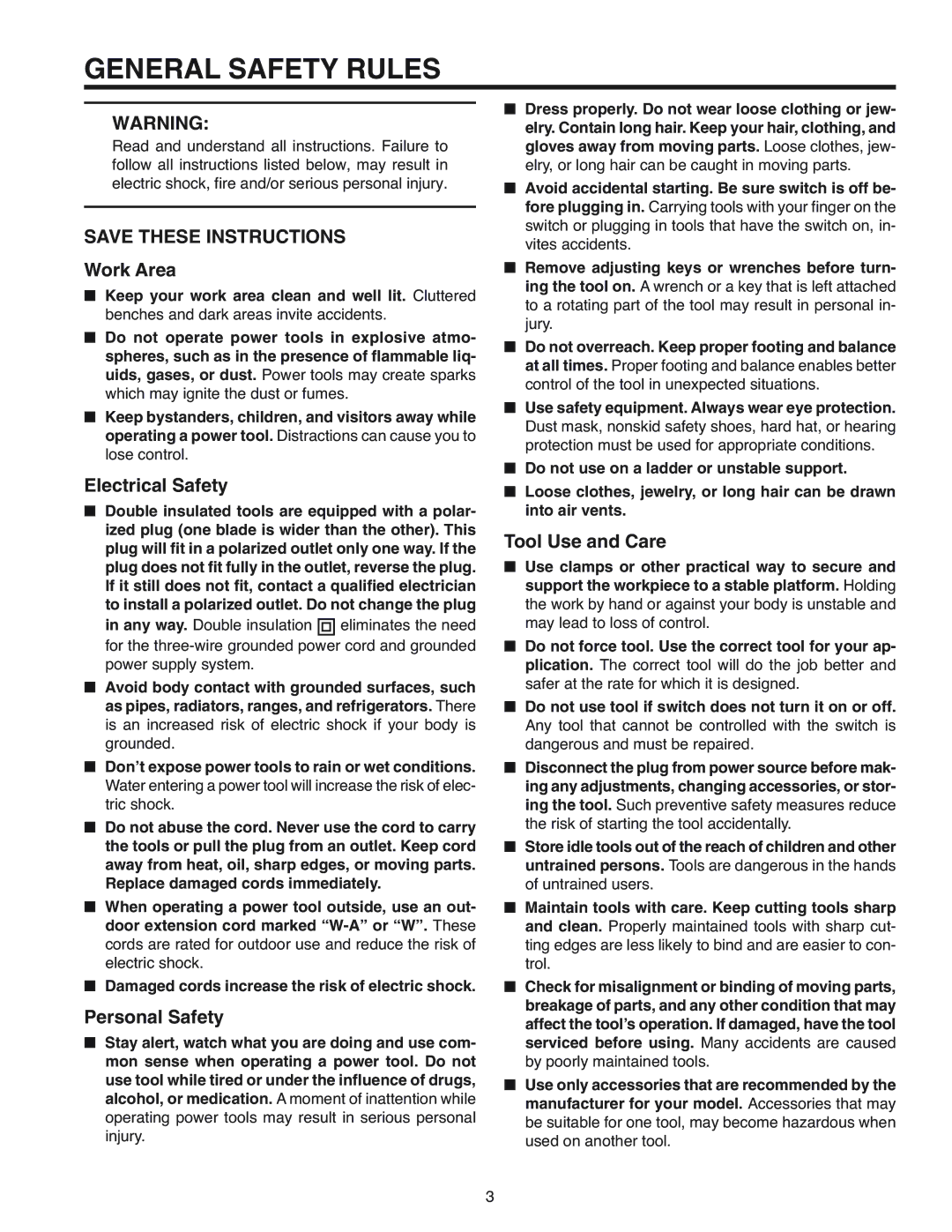 RIDGID R3120 manual General Safety Rules, Work Area, Electrical Safety, Personal Safety, Tool Use and Care 