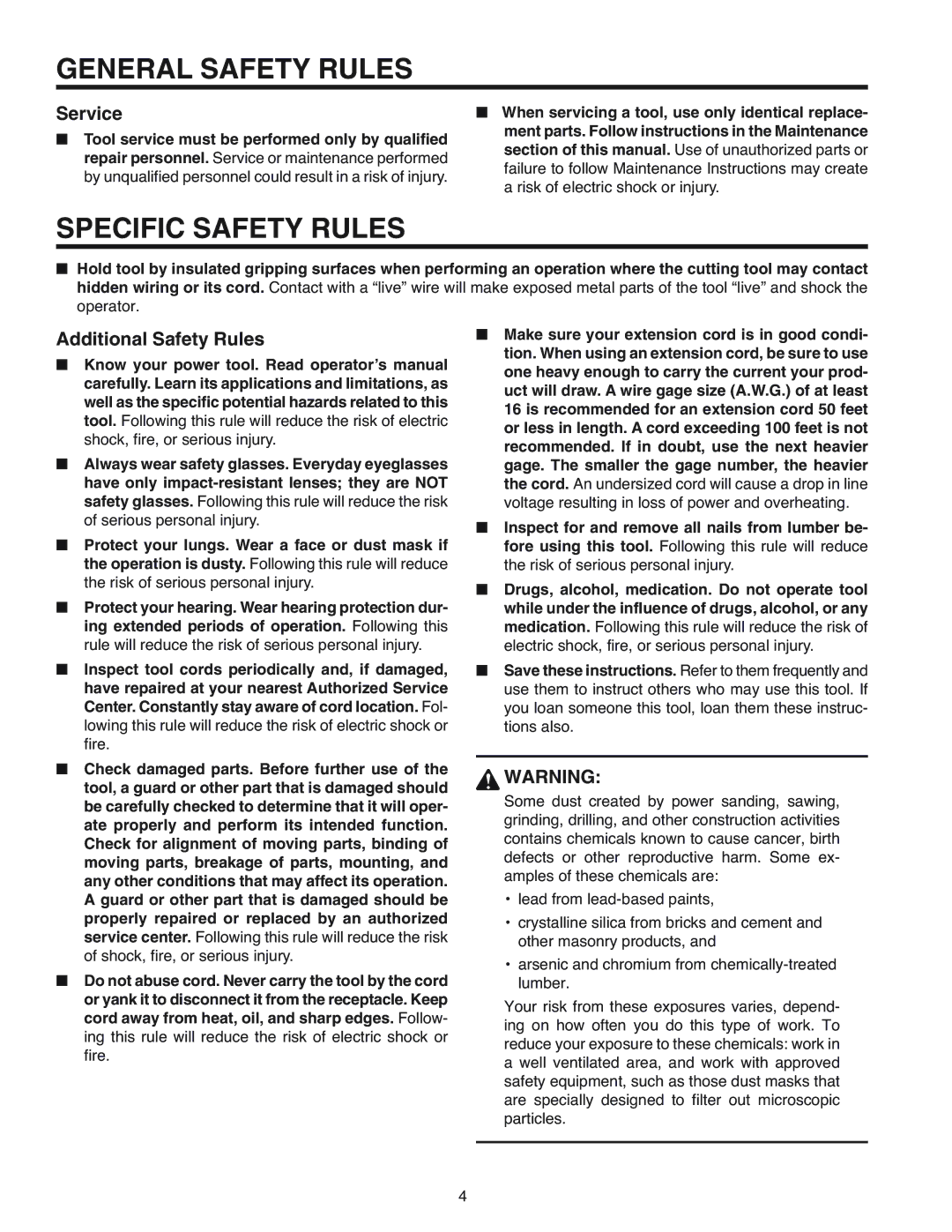 RIDGID R3120 manual Specific Safety Rules, Service, Additional Safety Rules 