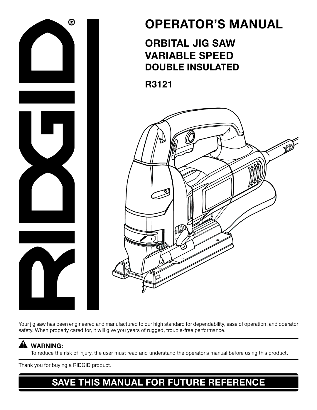 RIDGID R3121 manual OPERATOR’S Manual, Double Insulated 