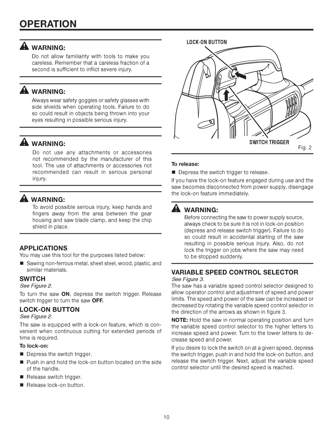 RIDGID R3121 manual Operation, Applications, LOCK-ON Button Switch Trigger 