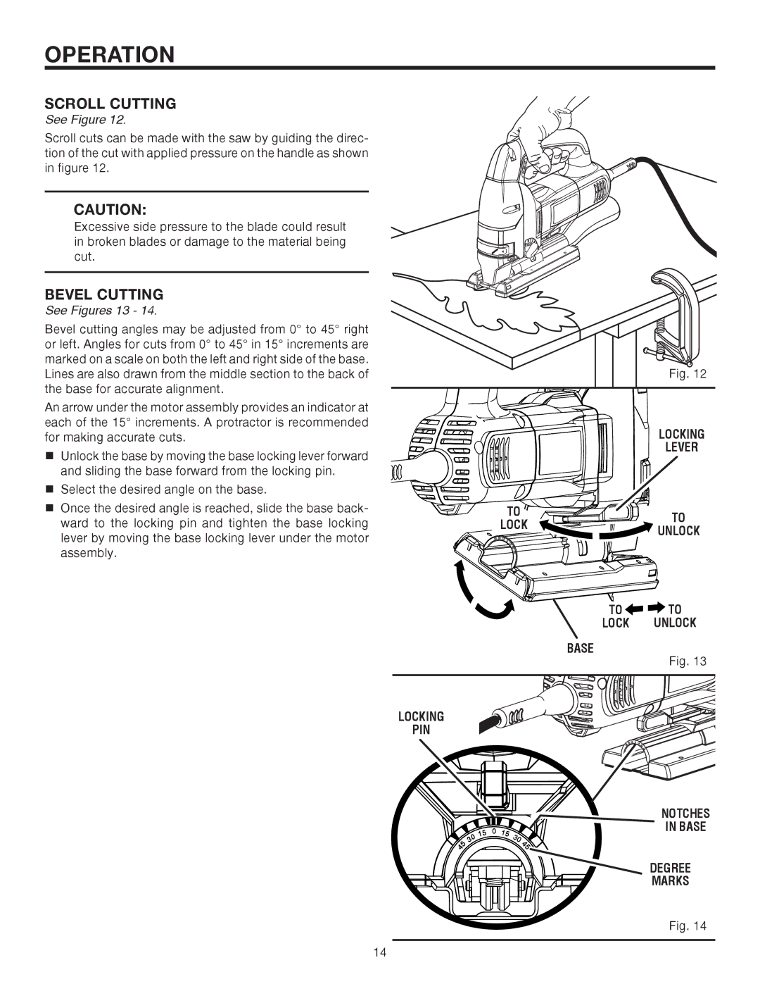 RIDGID R3121 manual Scroll Cutting, Bevel Cutting, Lever, Lock Unlock Base Locking PIN Notches Degree Marks 