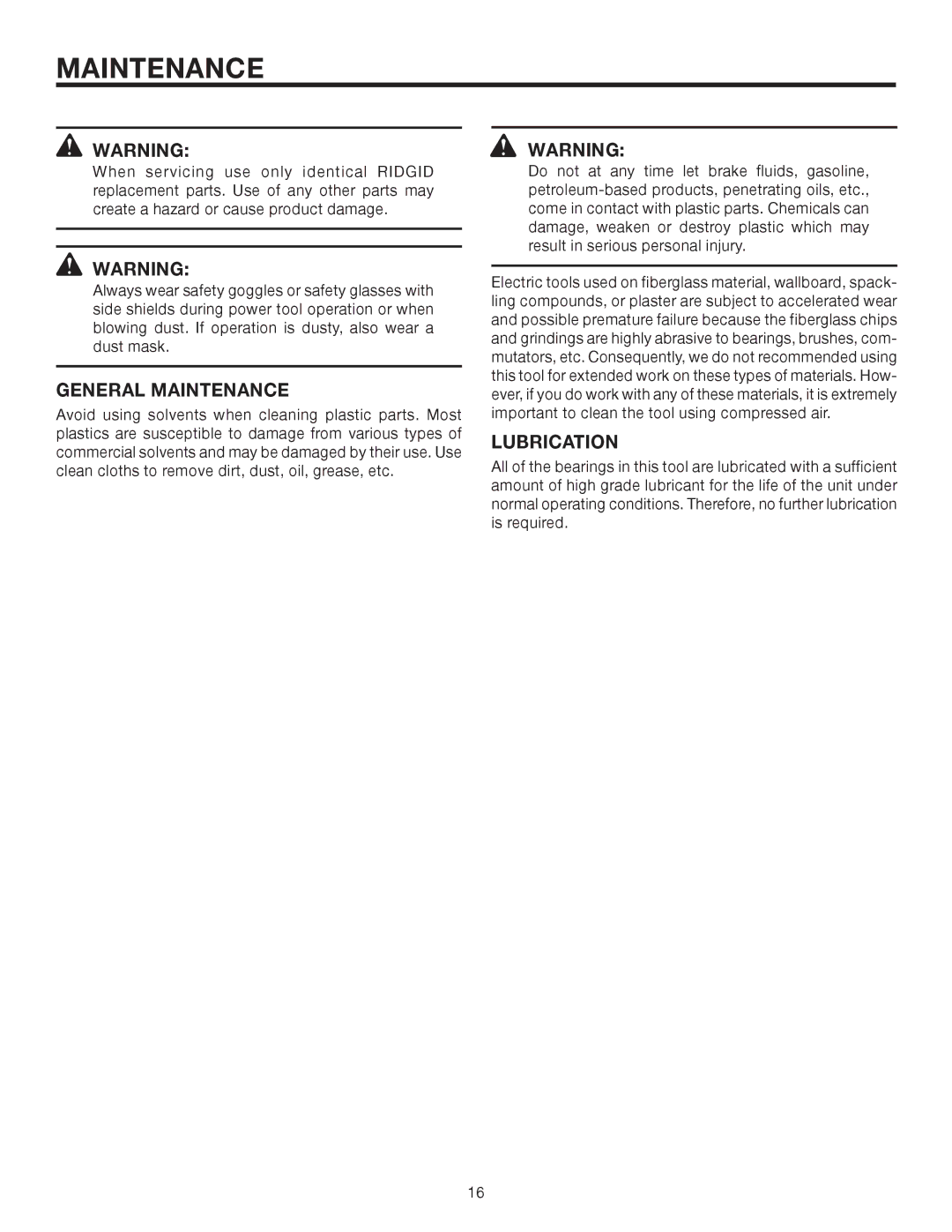 RIDGID R3121 manual General Maintenance, Lubrication 