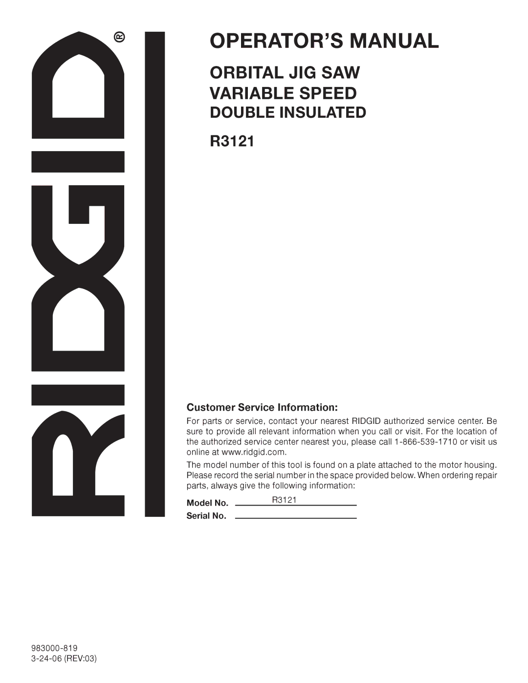 RIDGID R3121 manual Customer Service Information 