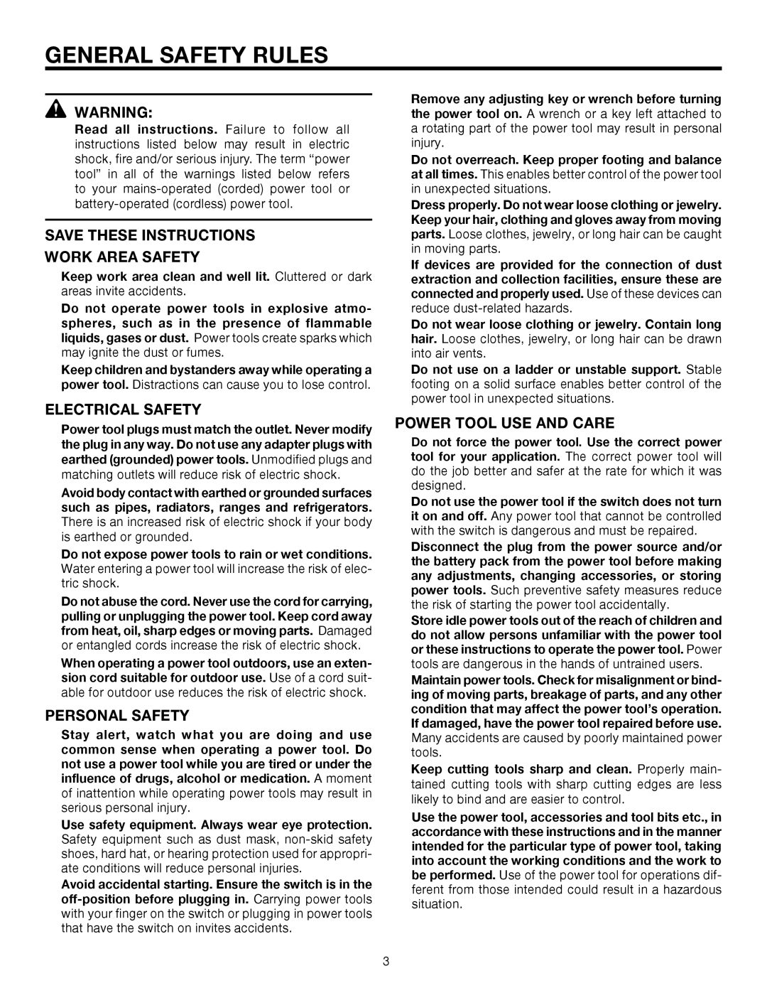 RIDGID R3121 manual General Safety Rules, Work Area Safety, Electrical Safety, Personal Safety, Power Tool USE and Care 