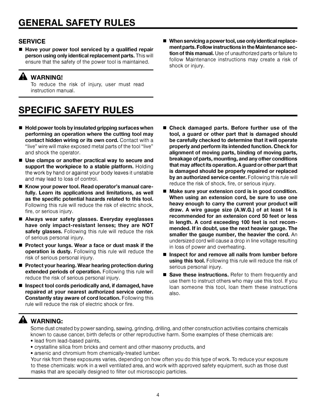 RIDGID R3121 manual Specific Safety Rules, Service 