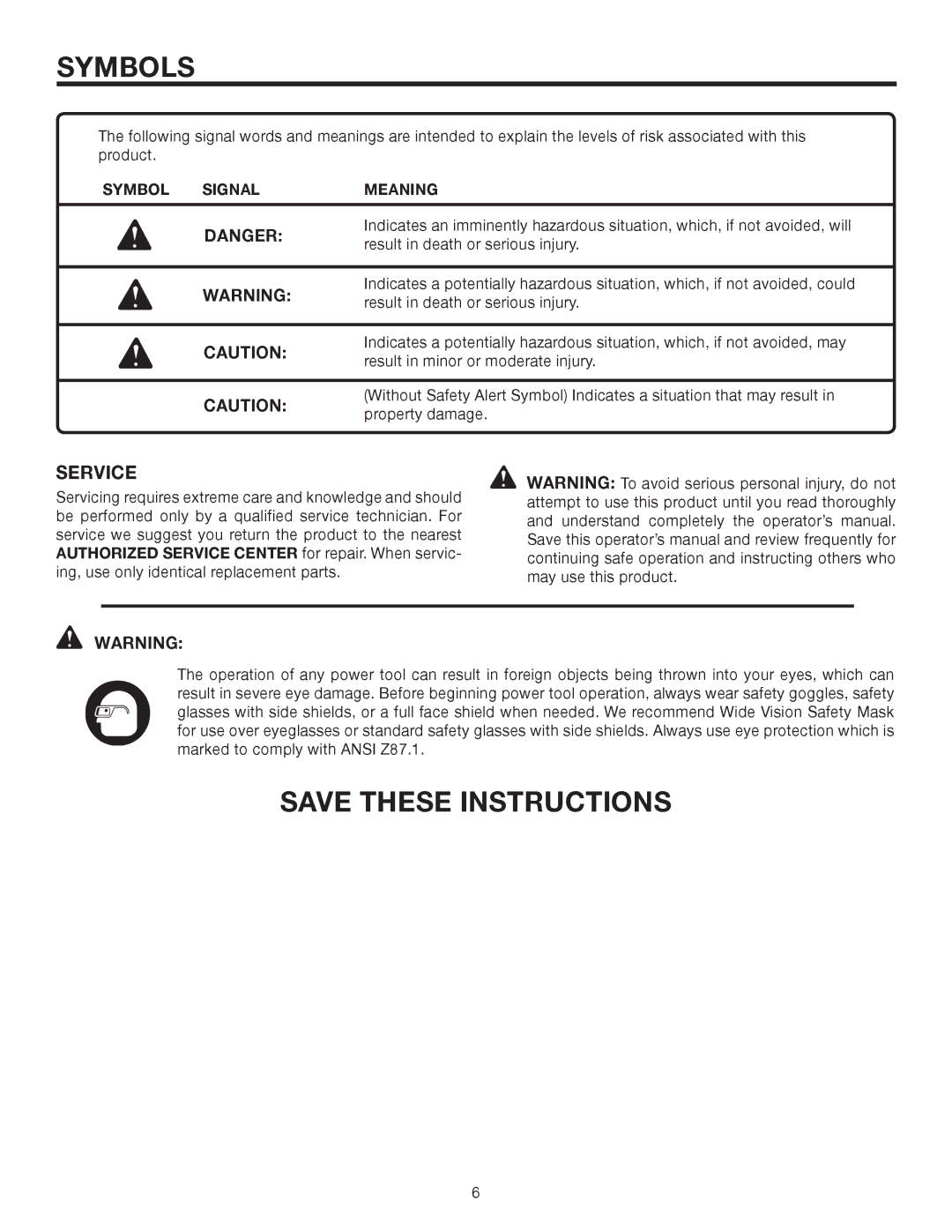 RIDGID R3121 manual Symbol Signal Meaning 