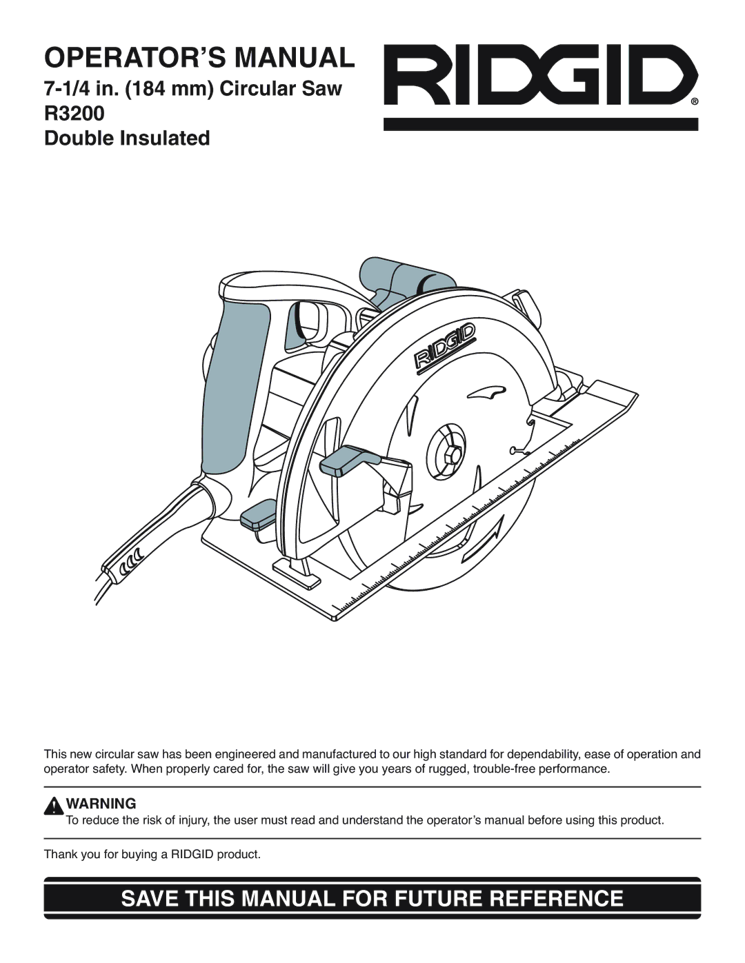 RIDGID R3200 manual OPERATOR’S Manual 