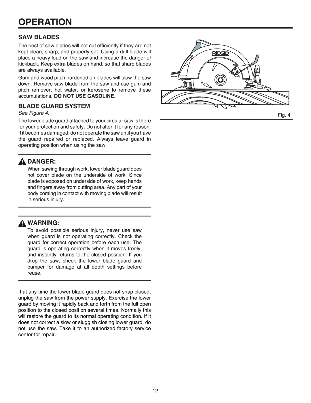 RIDGID R3200 manual Operation, SAW Blades, Blade Guard System 