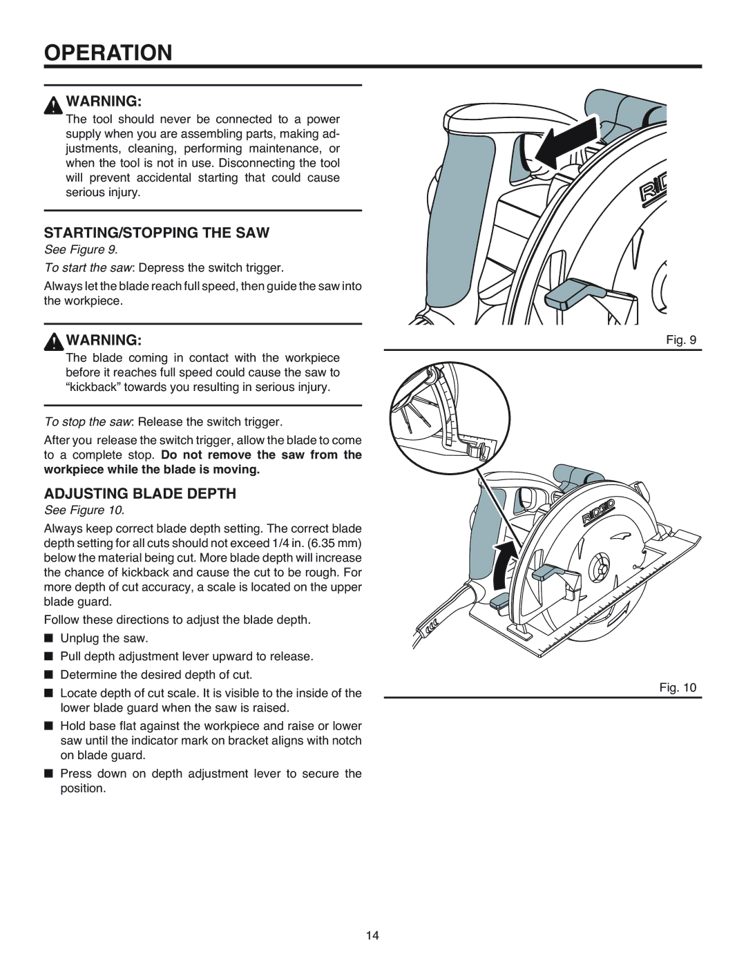 RIDGID R3200 manual STARTING/STOPPING the SAW, Adjusting Blade Depth 