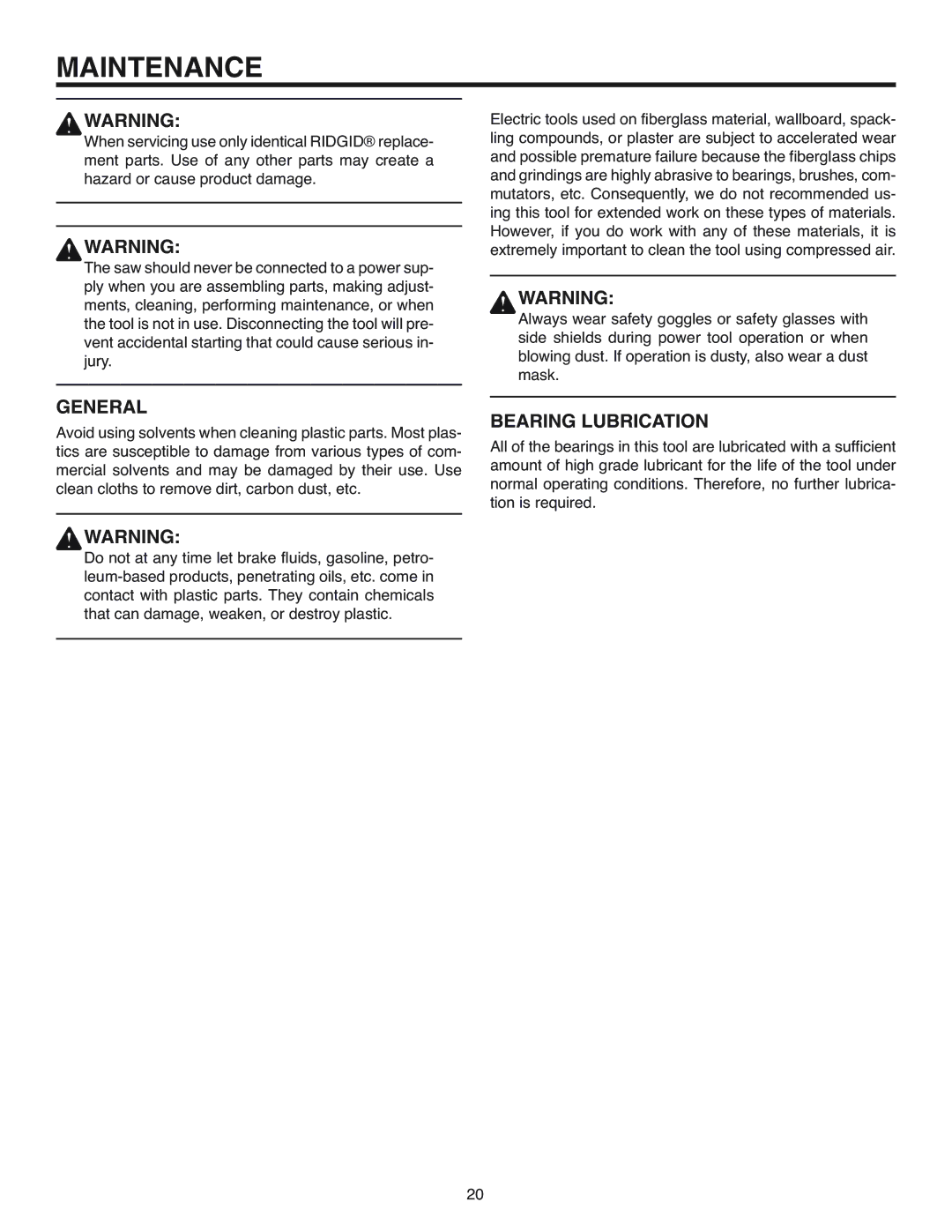 RIDGID R3200 manual Maintenance, General, Bearing Lubrication 