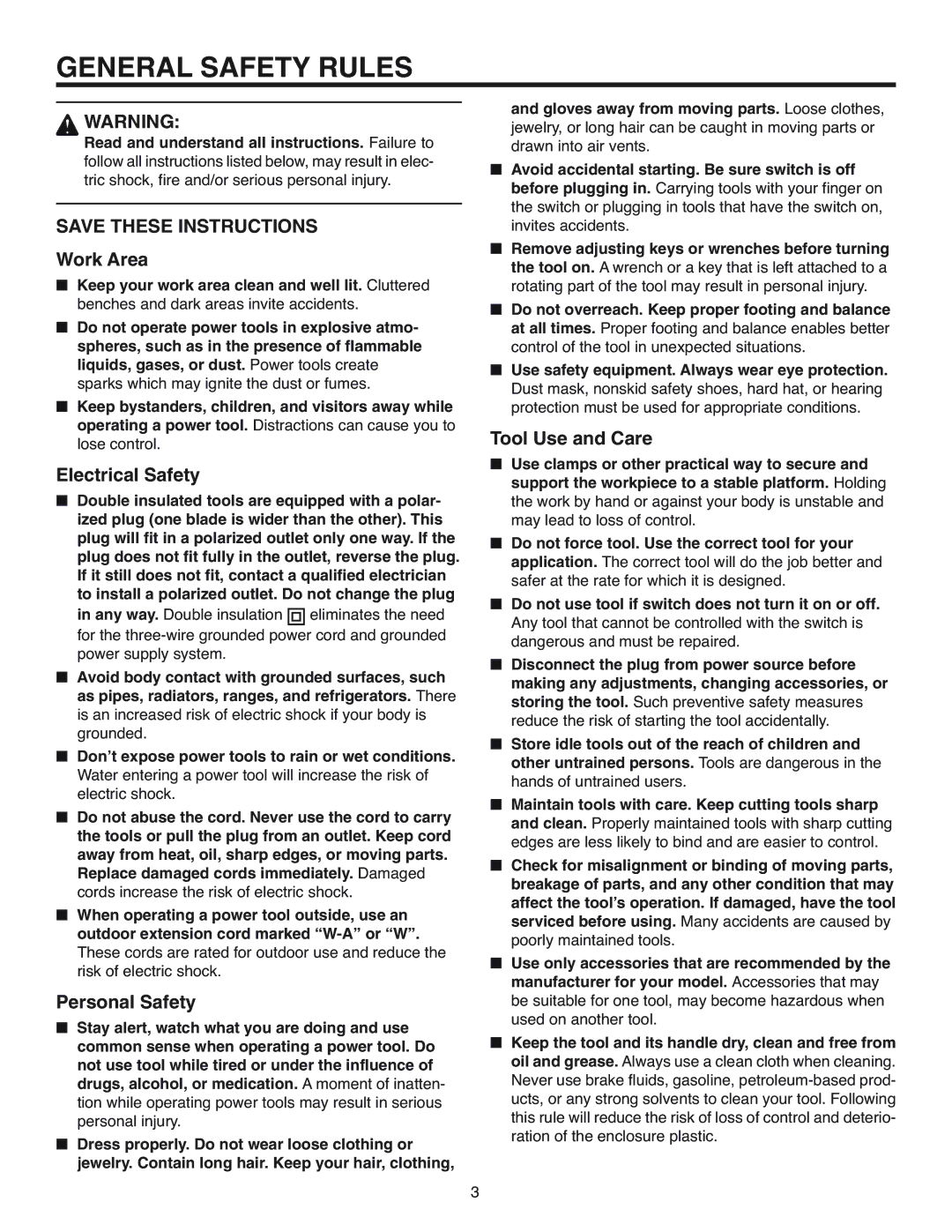 RIDGID R3200 manual General Safety Rules, Work Area, Electrical Safety, Personal Safety, Tool Use and Care 