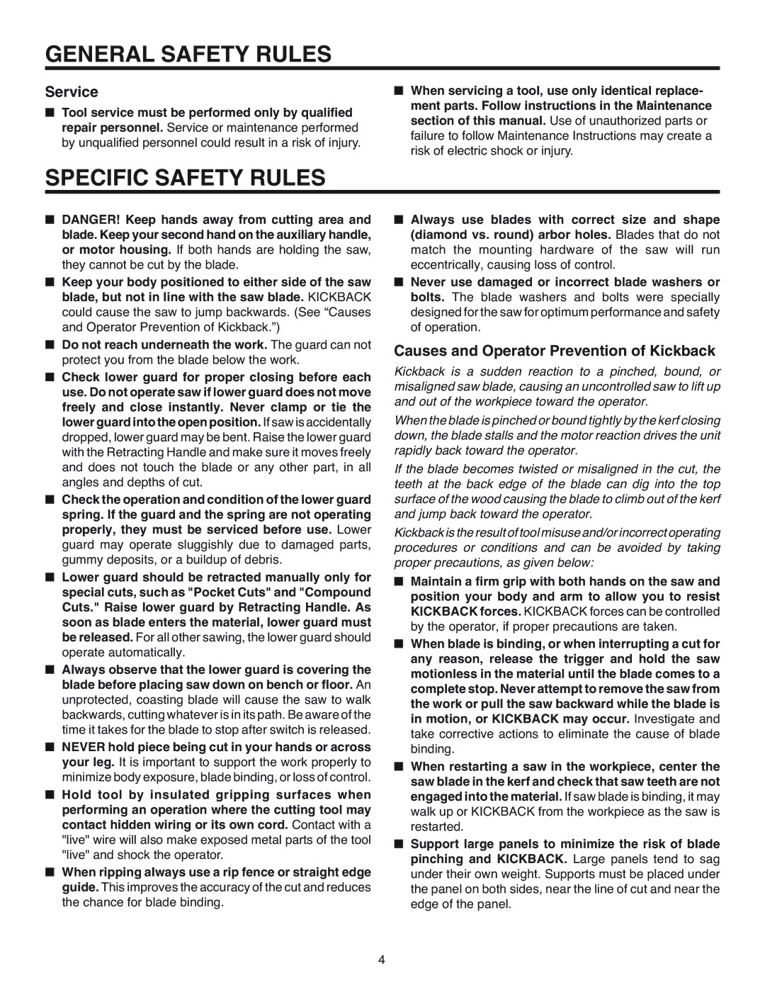 RIDGID R3200 manual Specific Safety Rules, Service, Causes and Operator Prevention of Kickback 