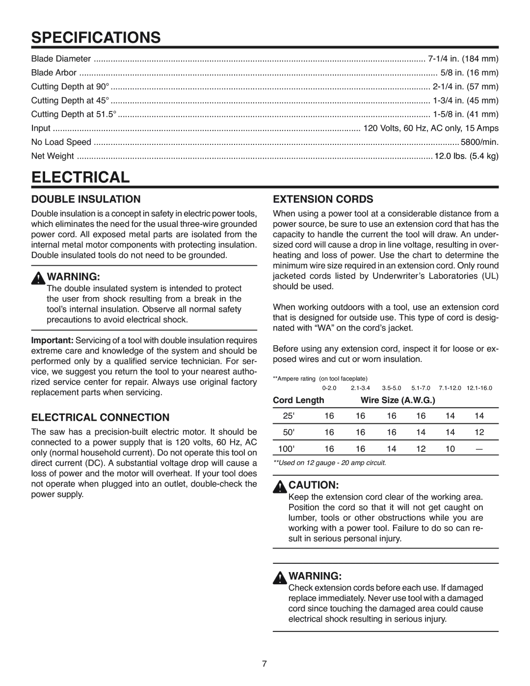 RIDGID R3200 manual Specifications, Double Insulation, Electrical Connection, Extension Cords 