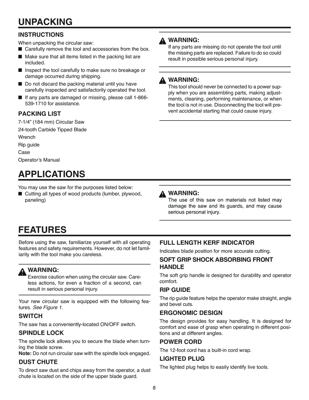 RIDGID R3200 manual Unpacking, Applications, Features 