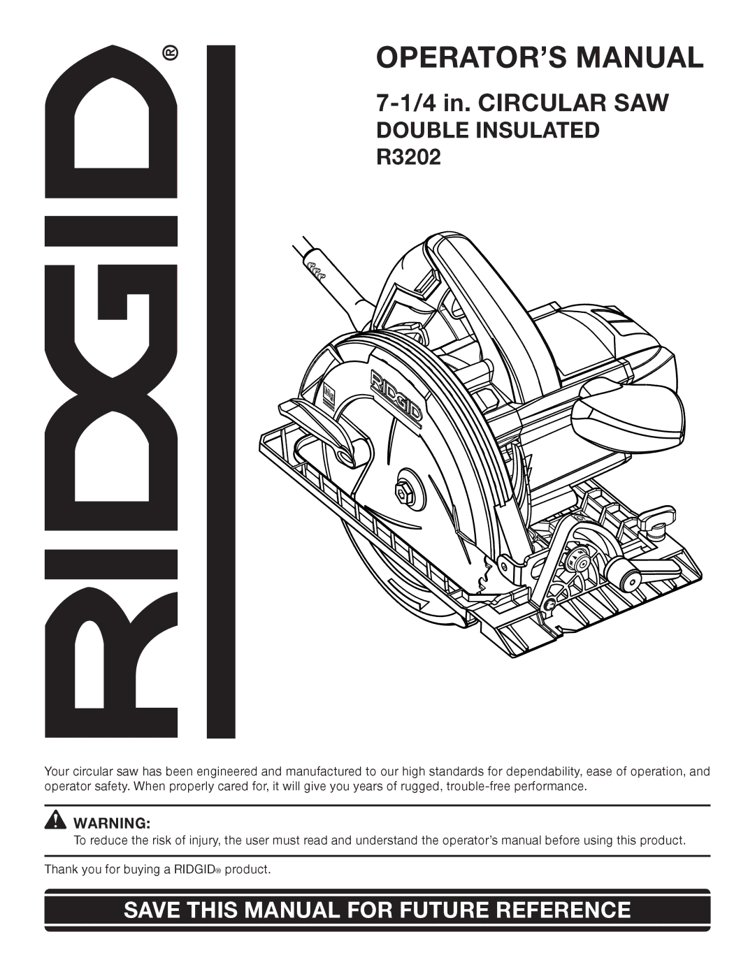 RIDGID R3202 manual OPERATOR’S Manual, Double Insulated 