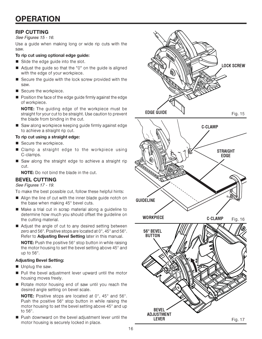 RIDGID R3202 manual RIP CUTting, Bevel Cutting, See Figures 15, See Figures 17 