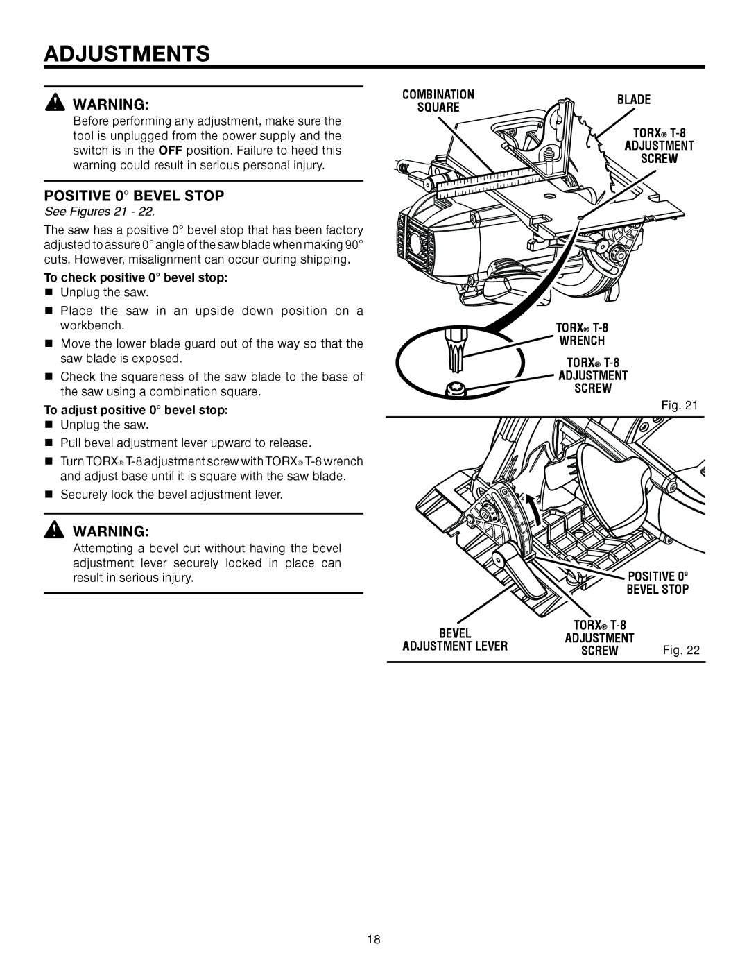 RIDGID R3202 manual Adjustments, Positive 0 Bevel Stop, See Figures 21 