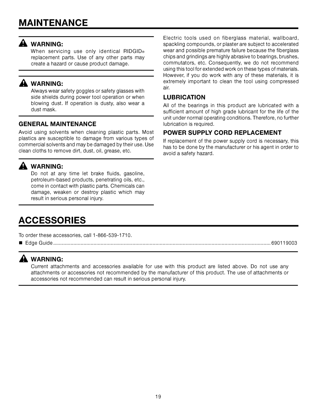 RIDGID R3202 manual Accessories, General Maintenance, Lubrication, Power Supply cord Replacement 