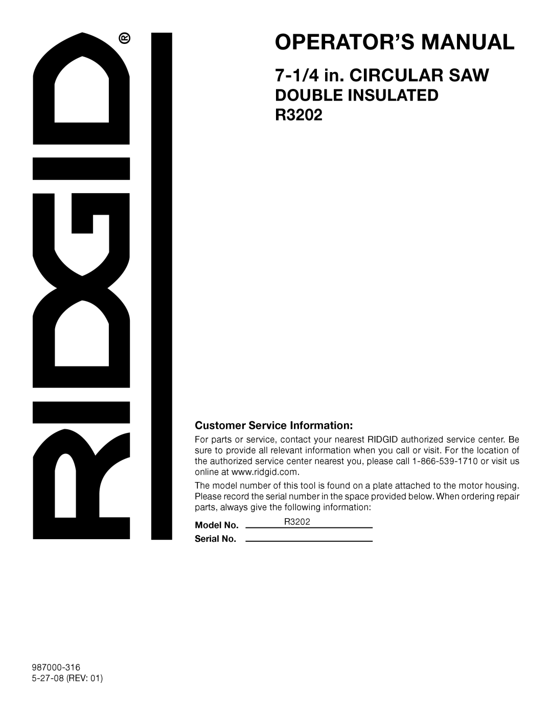 RIDGID manual Customer Service Information, Model No R3202 Serial No 