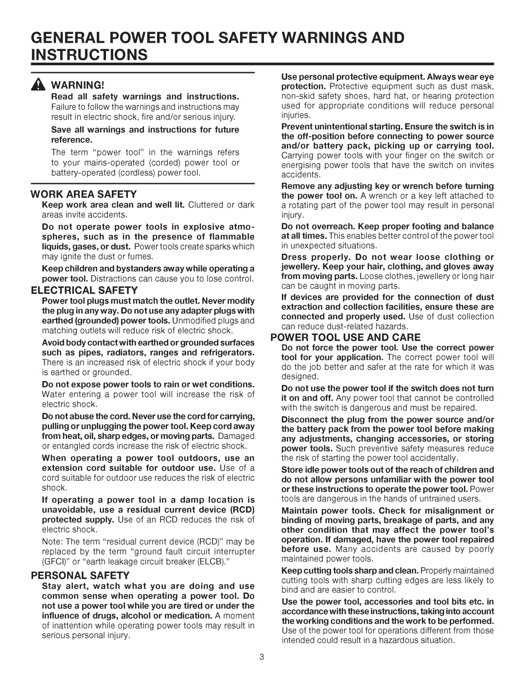 RIDGID R3202 General Power Tool Safety Warnings and Instructions, Work Area Safety, Electrical Safety, Personal Safety 