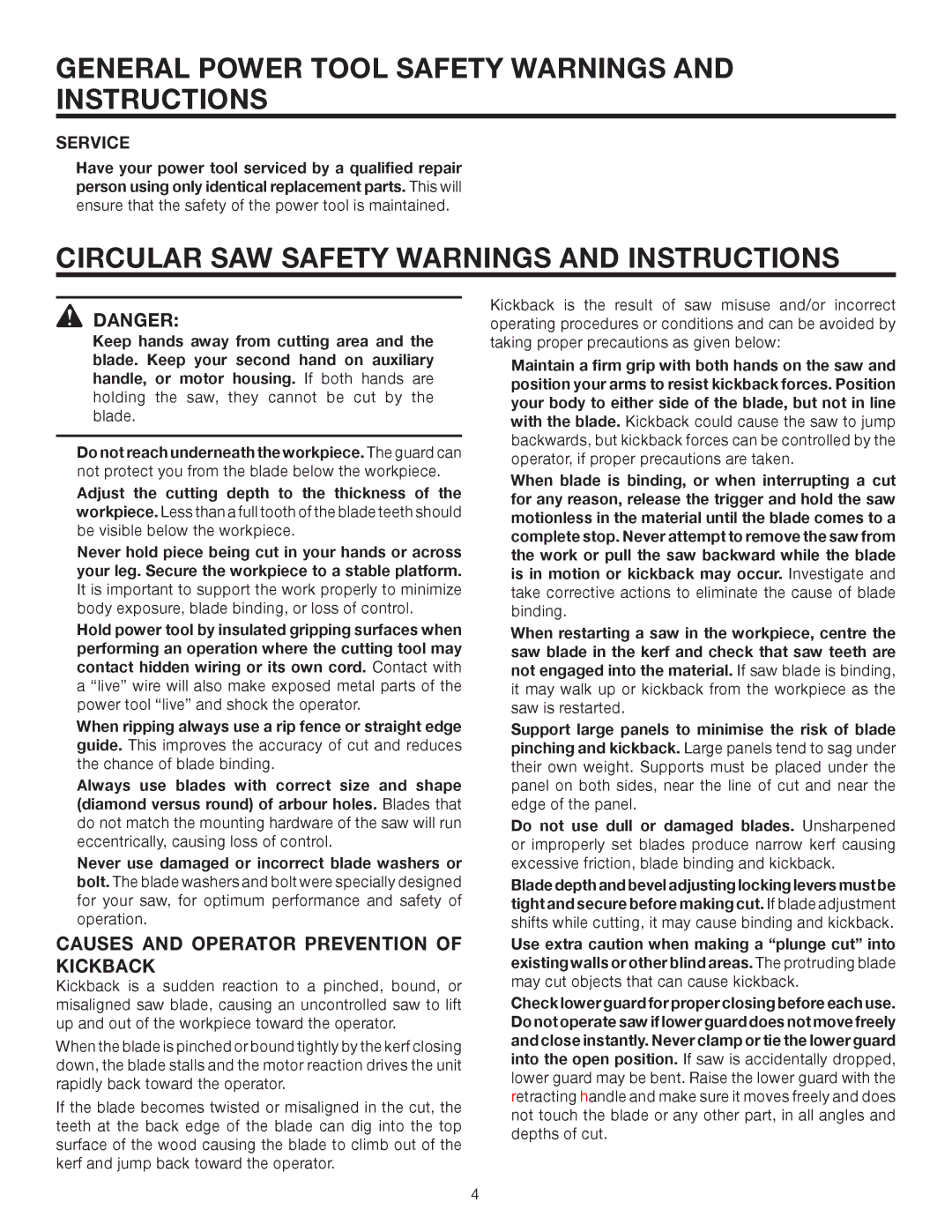 RIDGID R3202 manual Circular SAW Safety Warnings and Instructions, Causes and Operator Prevention of Kickback 