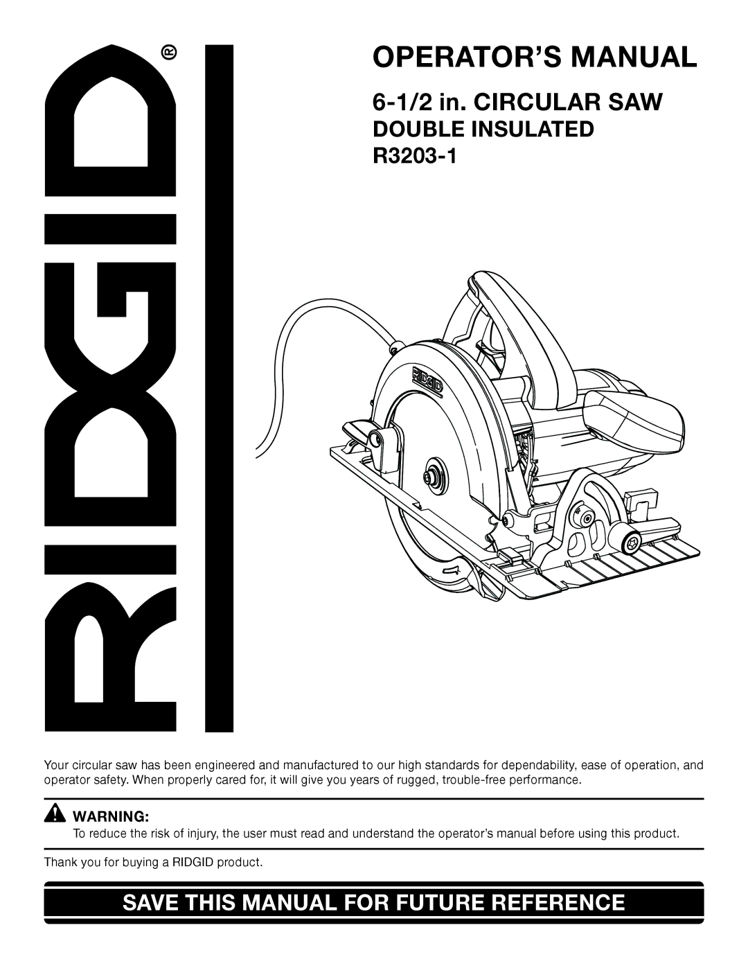 RIDGID R3203-1 manual OPERATOR’S Manual, Double Insulated 