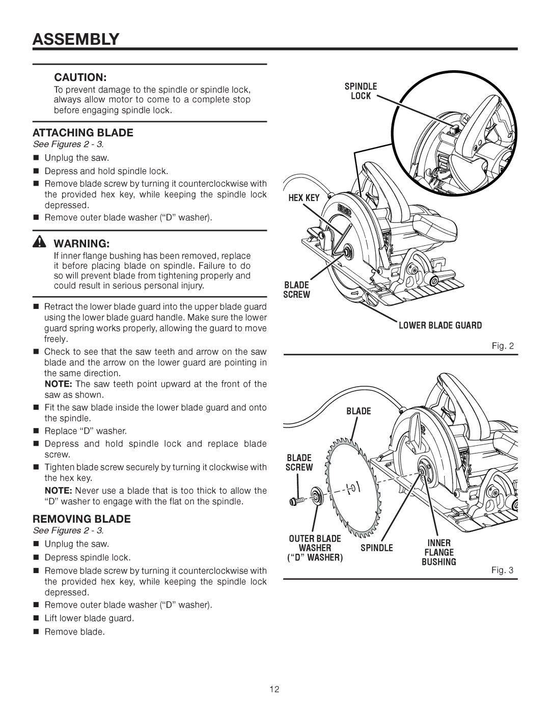 RIDGID R3203-1 manual Attaching Blade, Removing Blade, See Figures 2, Hex Key 