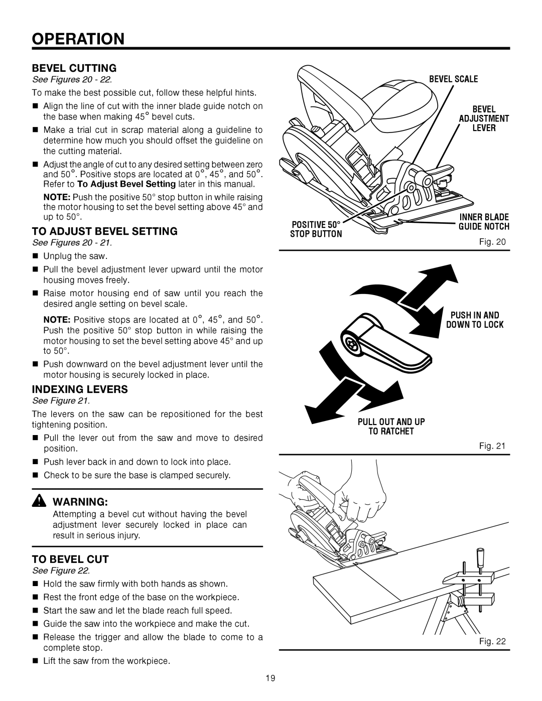 RIDGID R3203-1 manual Bevel Cutting, To Adjust Bevel Setting, To Bevel CUT, See Figures 20 