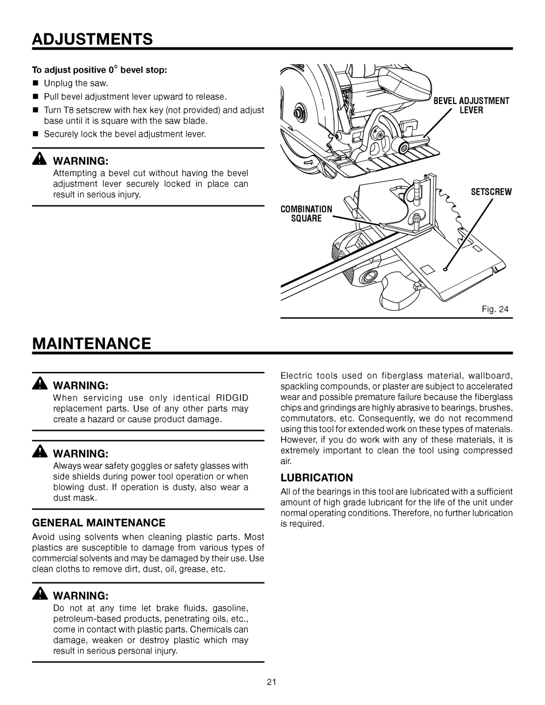 RIDGID R3203-1 manual General Maintenance, Lubrication, To adjust positive 0 bevel stop 