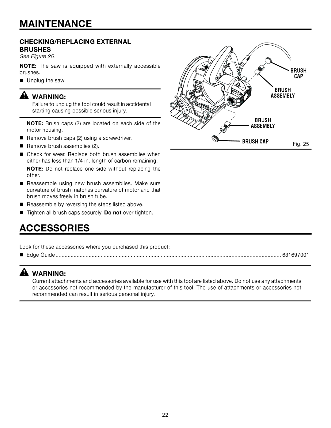 RIDGID R3203-1 manual Accessories, CHECKING/REPLACING External Brushes, 631697001 