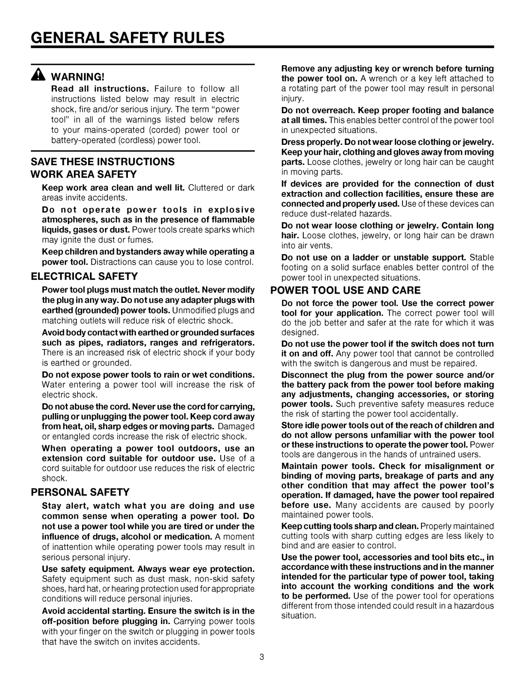 RIDGID R3203-1 manual General Safety Rules, Work Area Safety, Electrical Safety, Personal Safety, Power Tool USE and Care 