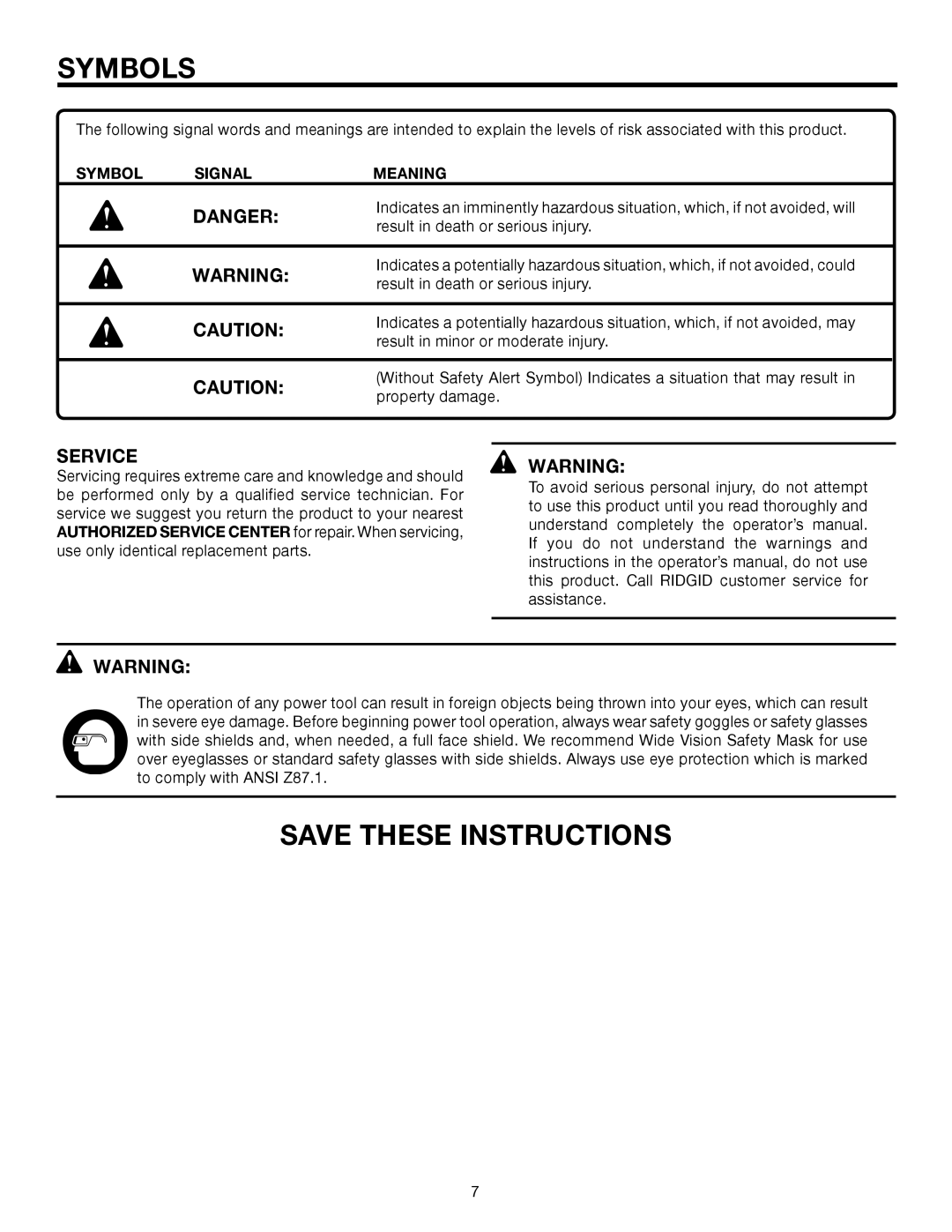 RIDGID R3203-1 manual Service, Symbol Signal Meaning 