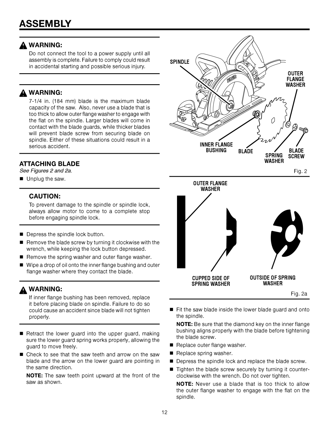 RIDGID R3210-1 manual Assembly, Attaching Blade, See Figures 2 and 2a 