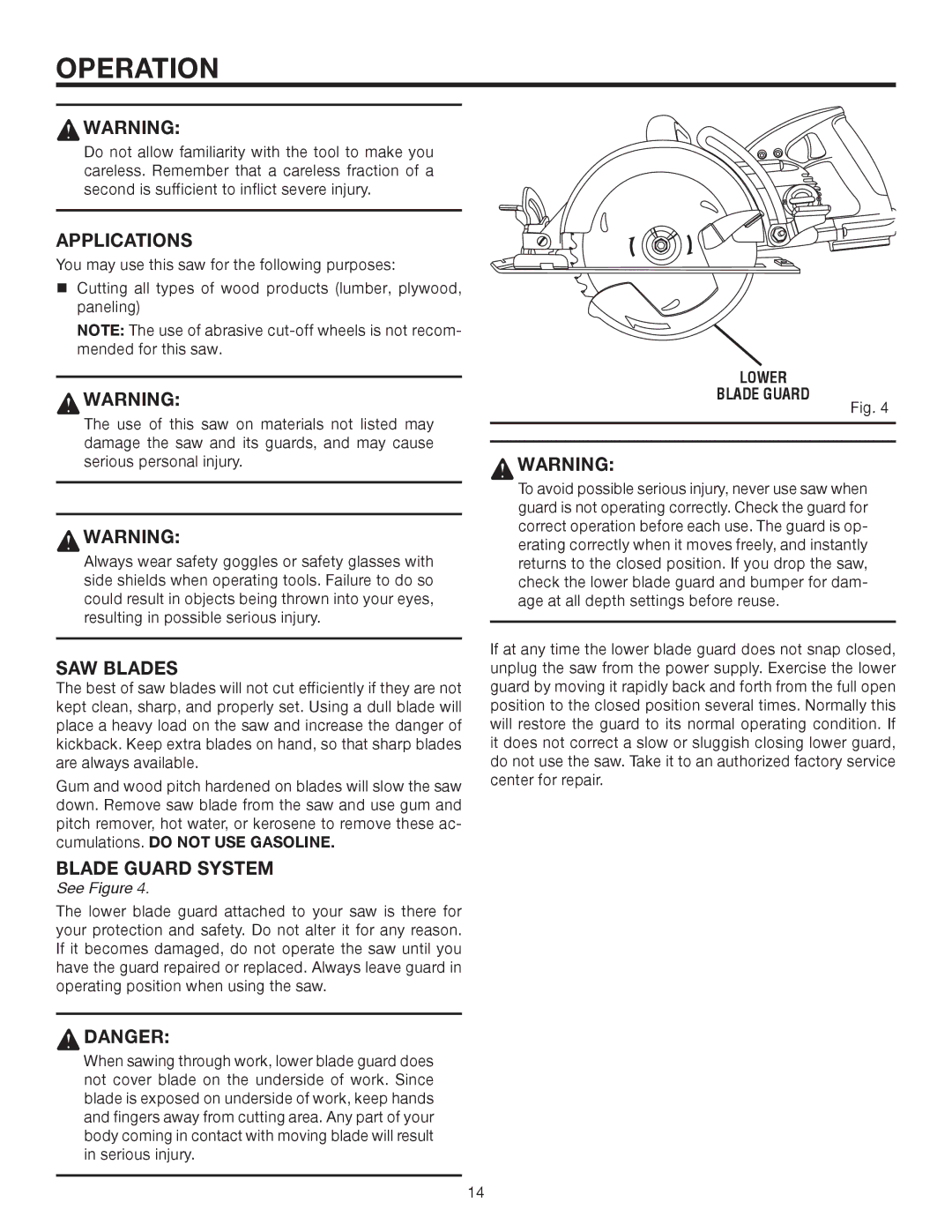 RIDGID R3210-1 manual Operation, Applications, SAW Blades, Blade Guard System, Lower Blade Guard 