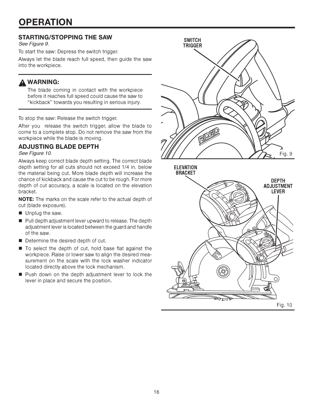 RIDGID R3210-1 manual STARTING/STOPPING the SAW, Adjusting Blade Depth, Switch Trigger Elevation Bracket Depth 