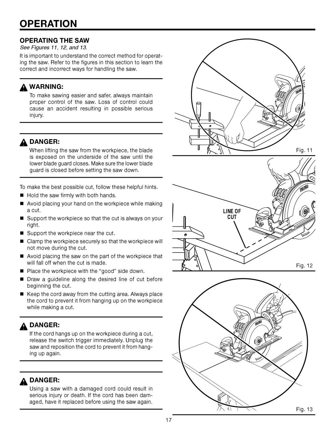 RIDGID R3210-1 manual Operating the SAW, See Figures 11, 12, Line CUT 