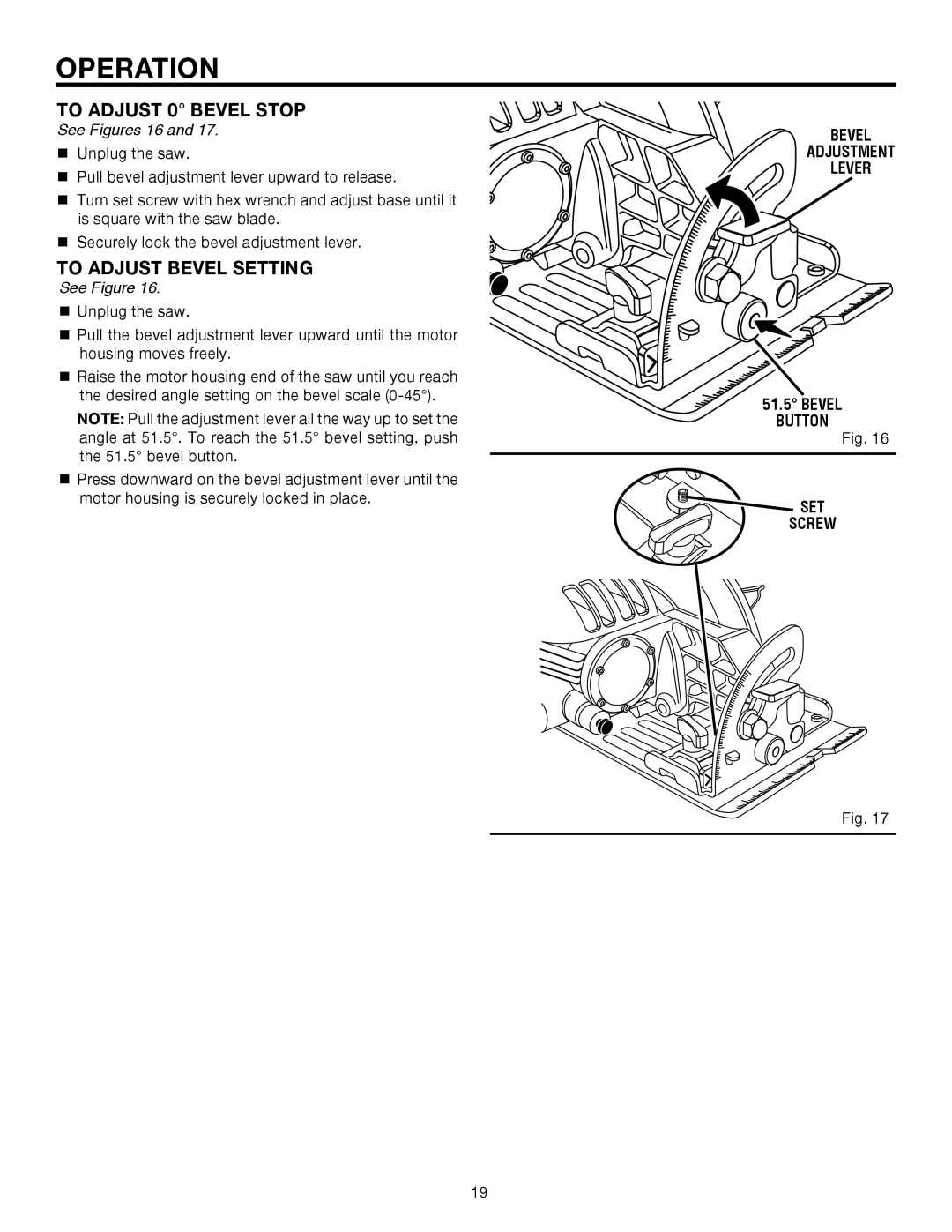 RIDGID R3210-1 To Adjust 0 Bevel Stop, To Adjust Bevel Setting, See Figures 16, Bevel Adjustment Lever, Button SET Screw 