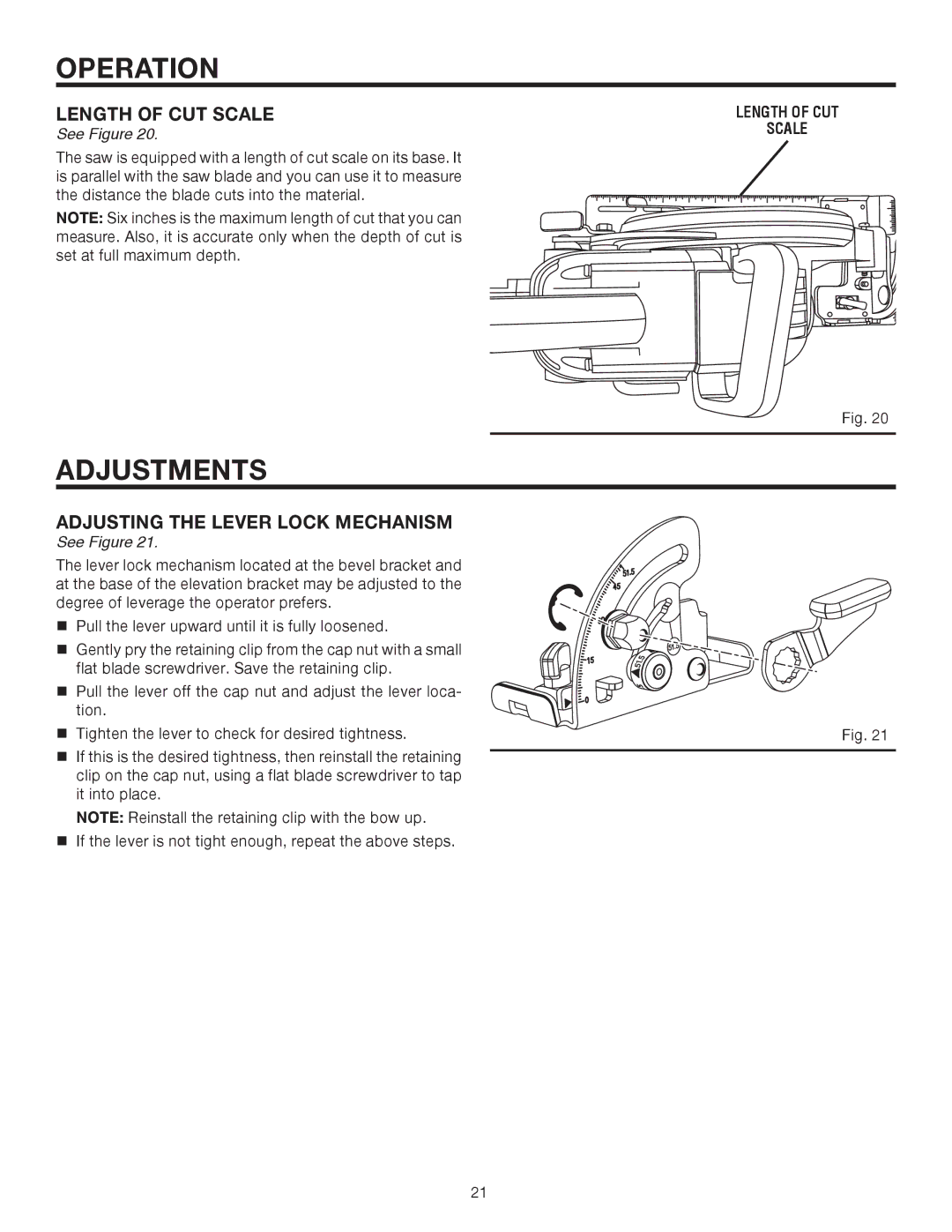 RIDGID R3210-1 manual Adjustments, Adjusting the Lever Lock Mechanism, Length of CUT Scale 