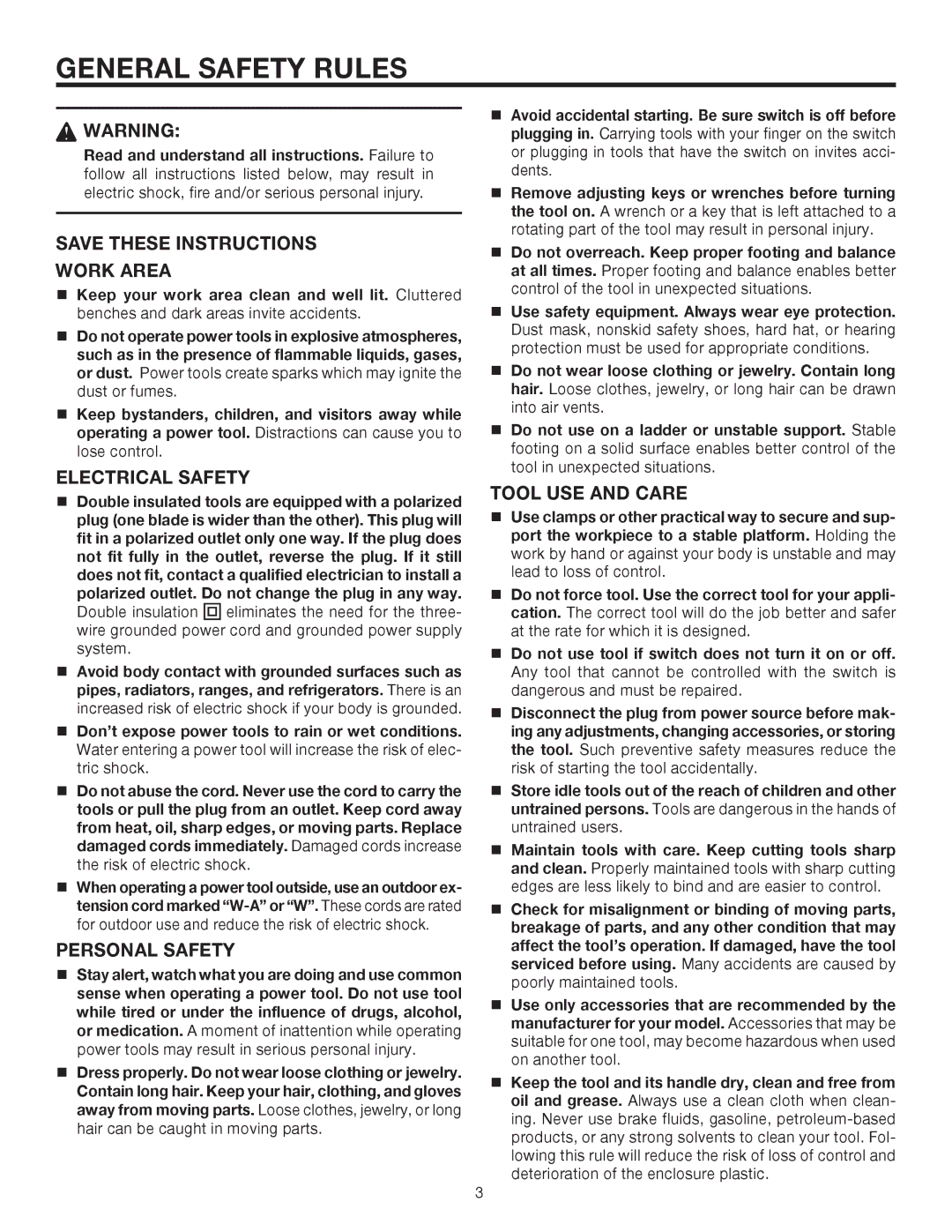 RIDGID R3210-1 manual General Safety Rules, Work Area, Electrical Safety, Personal Safety, Tool USE and Care 