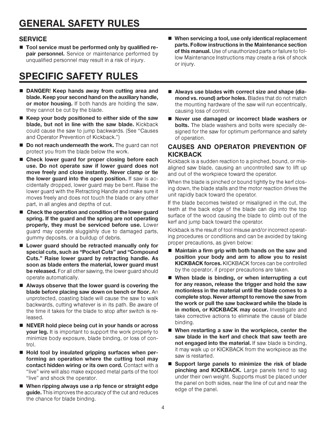 RIDGID R3210-1 manual Specific Safety Rules, Service, Causes and Operator Prevention of Kickback 