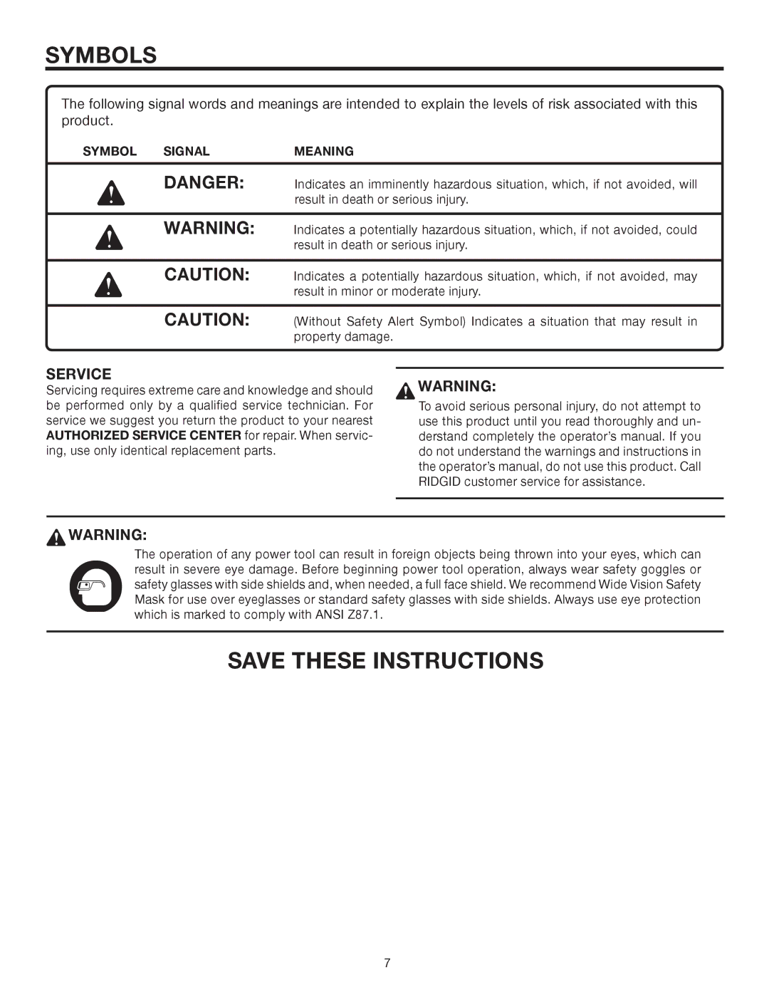 RIDGID R3210-1 manual Service, Symbol Signal Meaning 