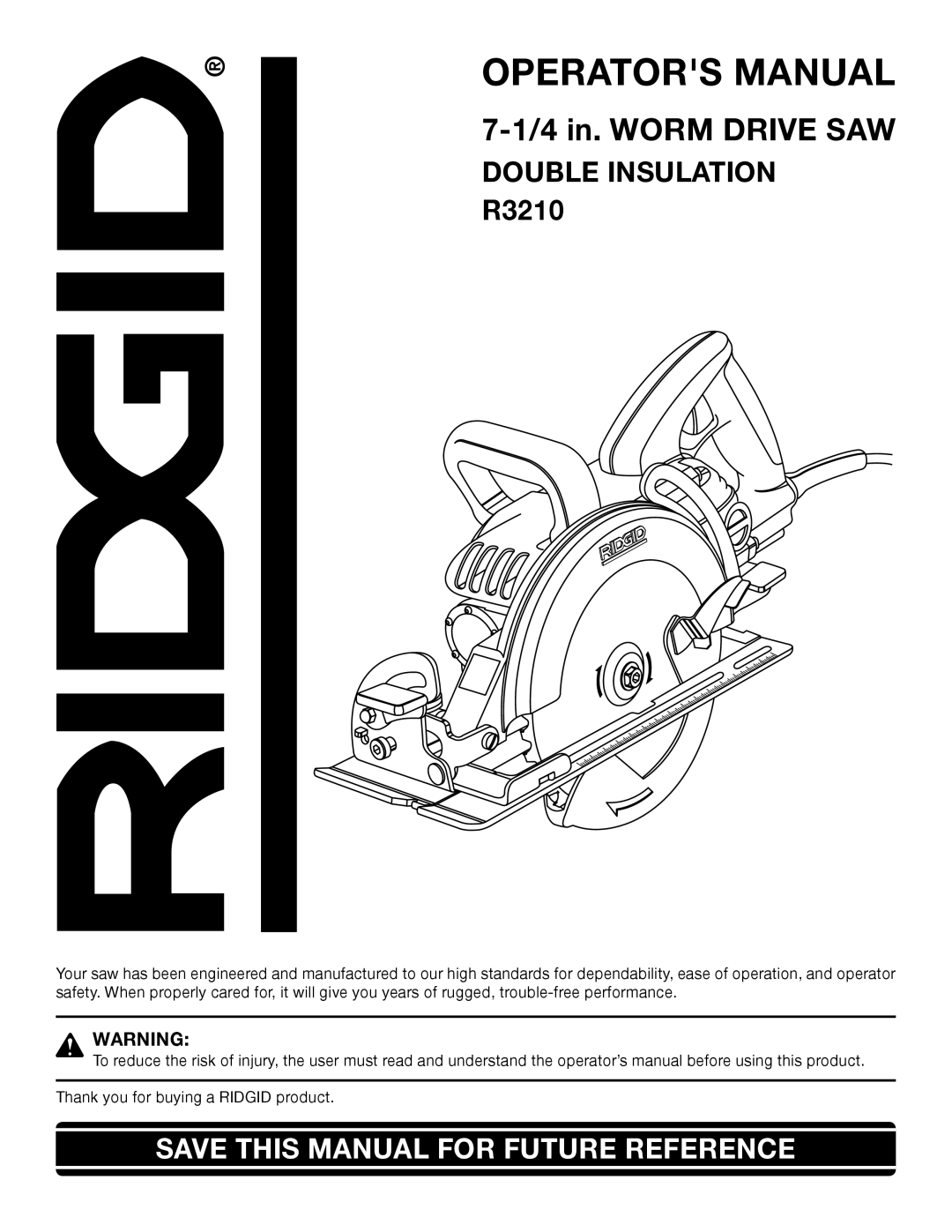 RIDGID R3210 manual Operators Manual, Double Insulation 