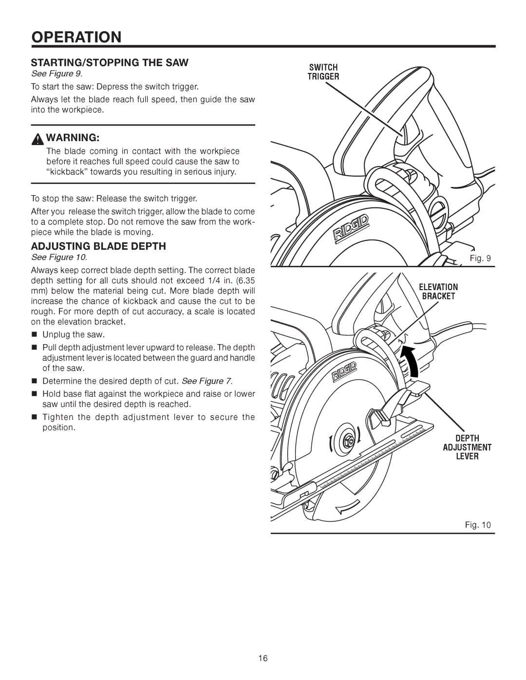 RIDGID R3210 STARTING/STOPPING the SAW, Adjusting Blade Depth, Switch Trigger Elevation Bracket Depth Adjustment Lever 