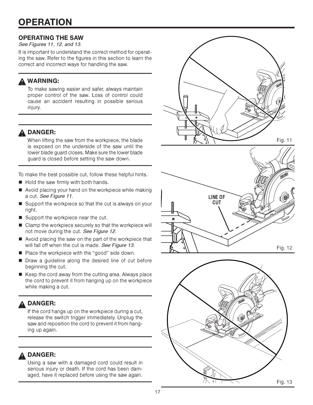 RIDGID R3210 manual Operating the SAW, See Figures 11, 12, Line CUT 