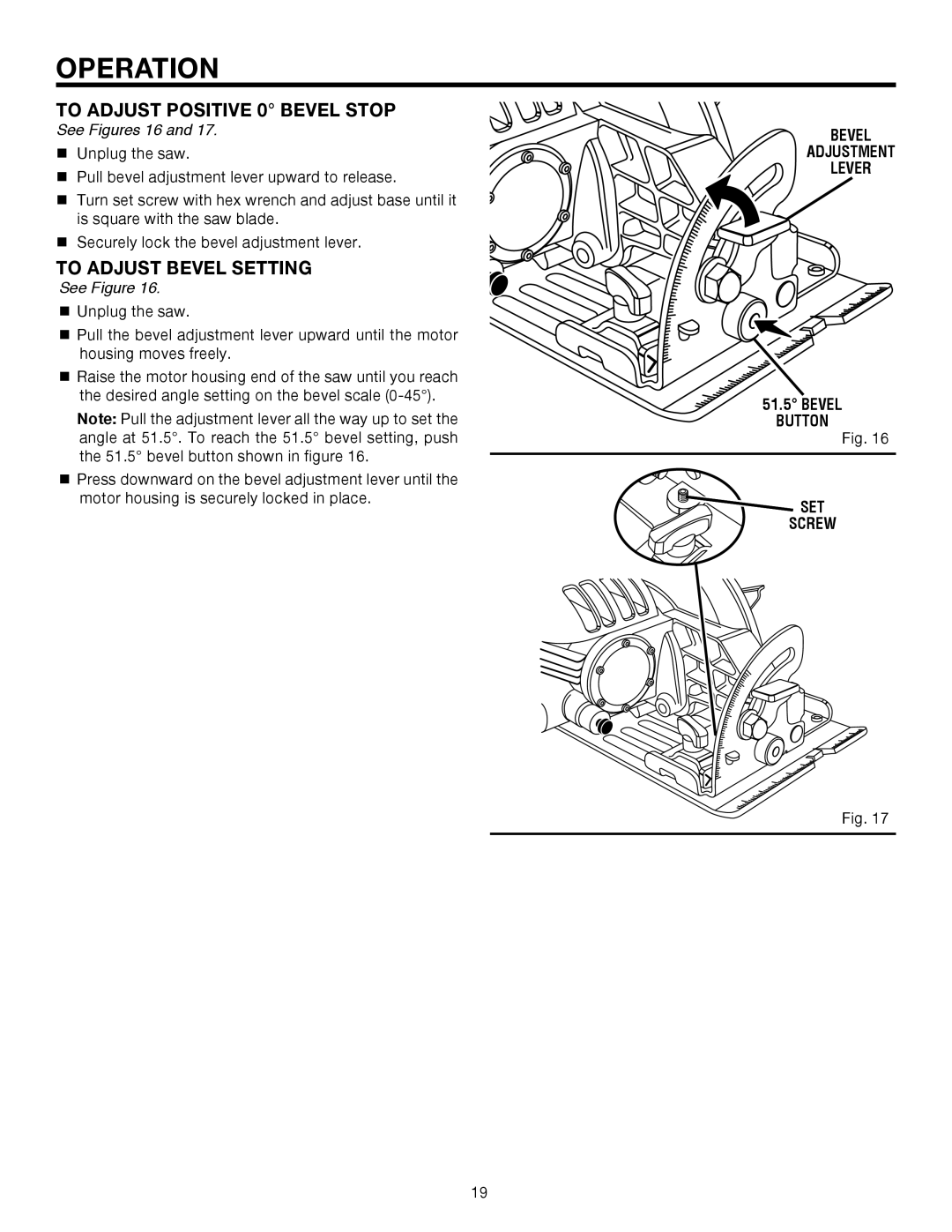 RIDGID R3210 manual To Adjust Positive 0 Bevel Stop, To Adjust Bevel Setting, See Figures 16, Bevel Adjustment Lever 