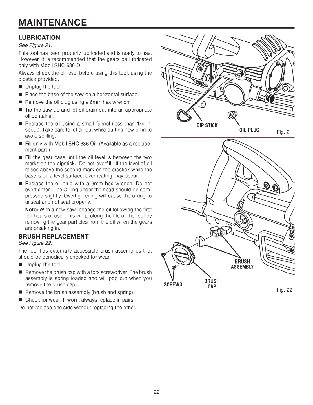 RIDGID R3210 manual Lubrication, Brush Replacement, DIP Stick, OIL Plug, Screws 