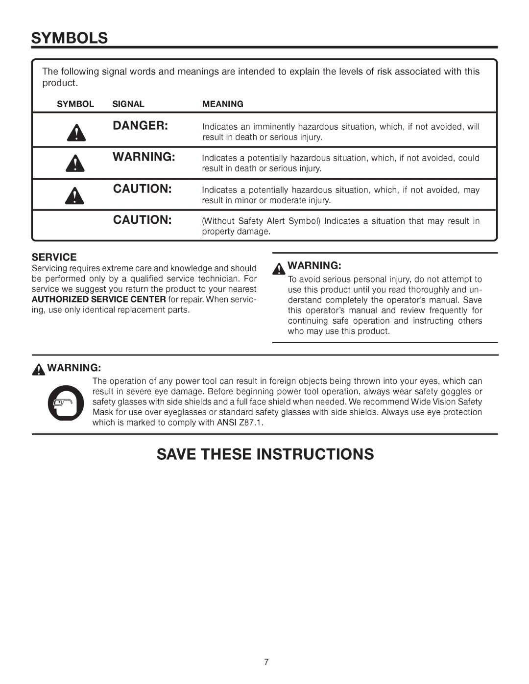 RIDGID R3210 manual Service, Symbol Signal Meaning 