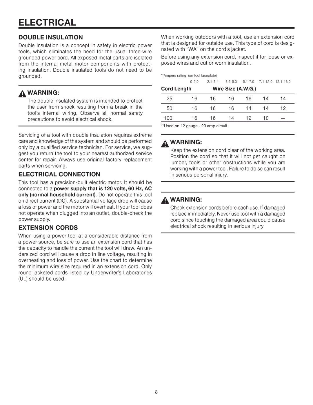 RIDGID R3210 manual Double Insulation, Electrical Connection, Extension Cords 